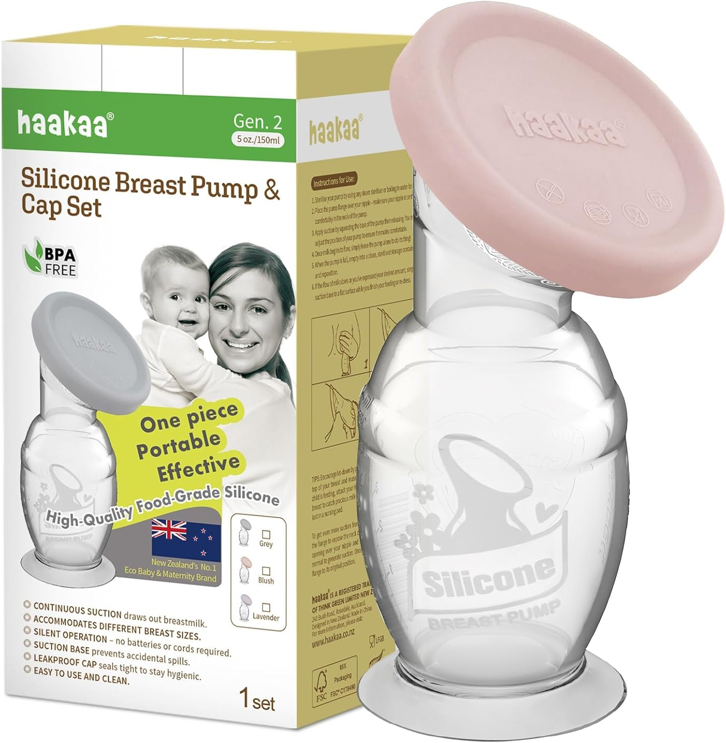 Haakaa Manual Breast Pump with Suction Base and Blush Gap, Breastmilk Collector Breastfeeding Pump (5Oz/150Ml)