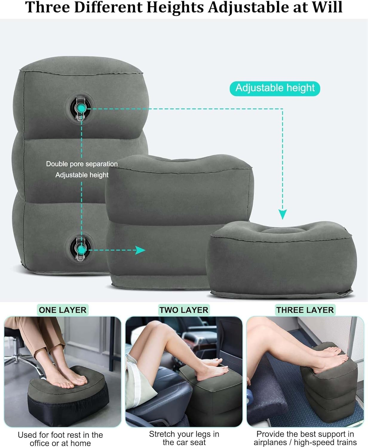Inflatable Travel Foot Rest Pillow, Office Footrests, Adjustable 3 Layers Height Leg Rest Pillow, Airplane Travel Essentials Great for Airplane, Office, Home, Trains, Cars（With Pump）
