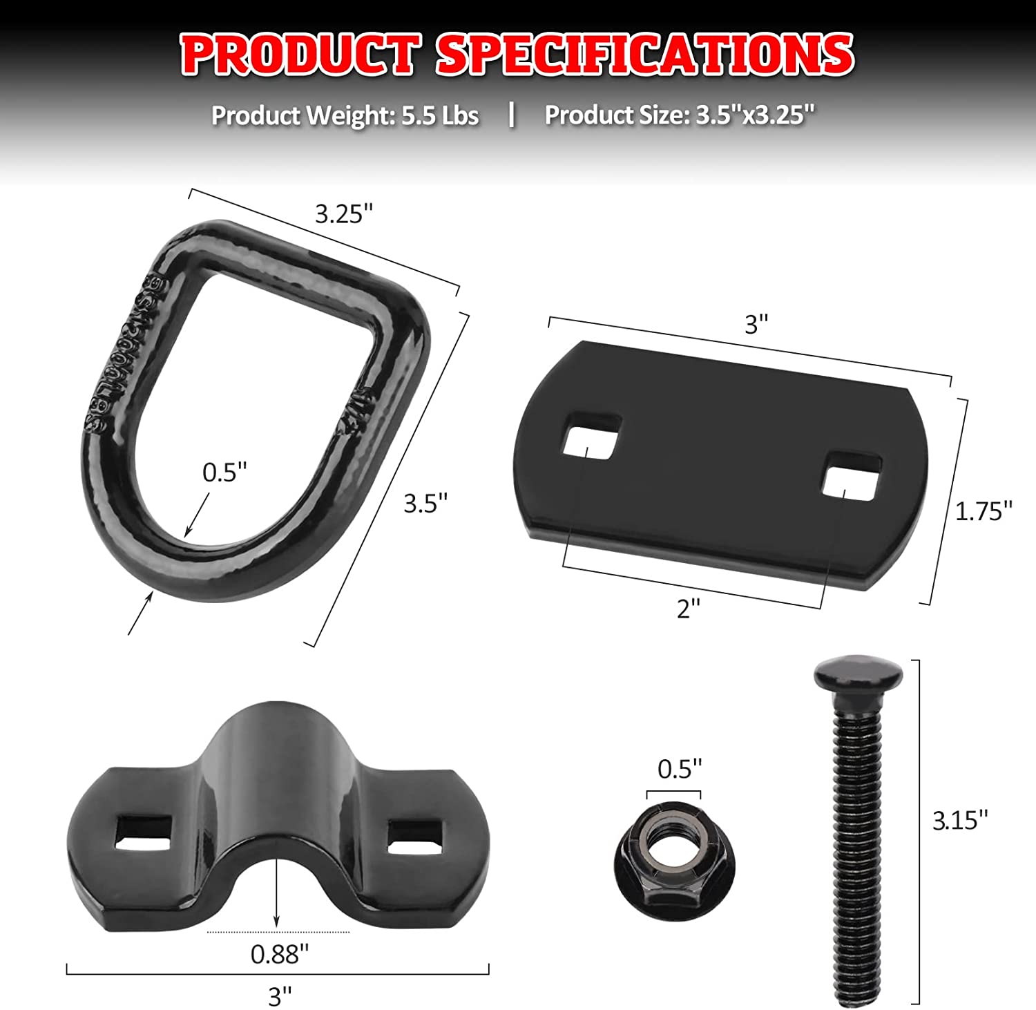 AUTOBOTS 1/2" Heavy Duty Bolt-On Forged D Ring, 12000Lbs Break Strength Tie down Anchors Hooks, for Trailers, Trucks, and Cargo Tie Downs (Pack of 4) Black image number 5