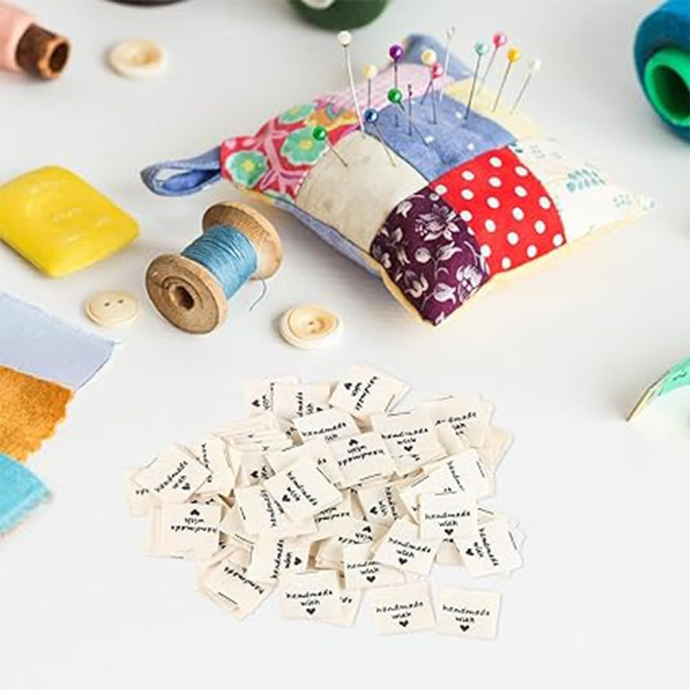 200 Pcs Handmade Sewing with Love Labels, Iron on Labels, Handmade Sewing Clothing Embroidered Labels, Costume Clothing Labels, DIY Knitting Crafts Sewing Decorations image number 4