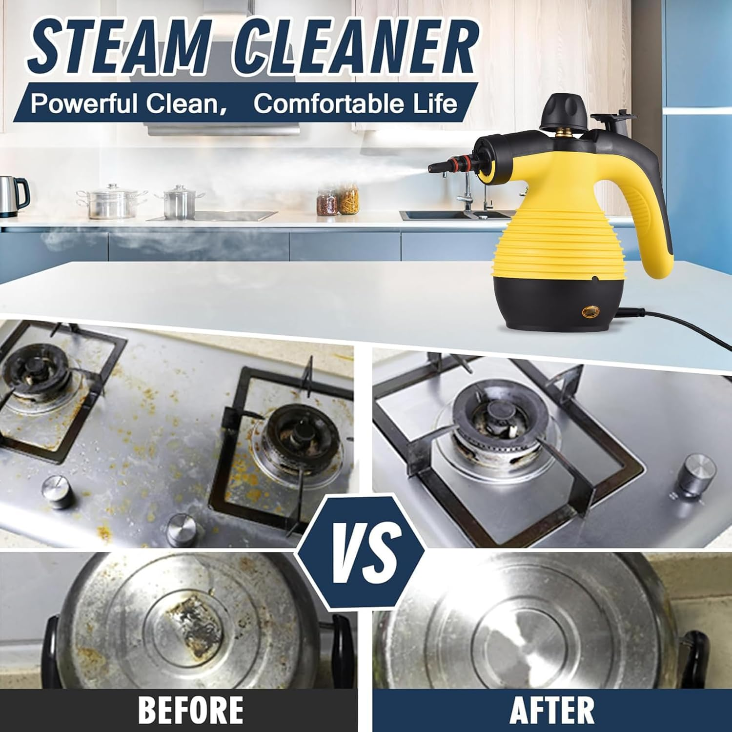 Handheld Steam Cleaner, Steamer for Cleaning, Multipurpose Portable Steam Cleaners for Home Use with Safety Lock and 9 Accessory Kit to Remove Grime, Grease, and More, save Time and Effort (Yellow) image number 6