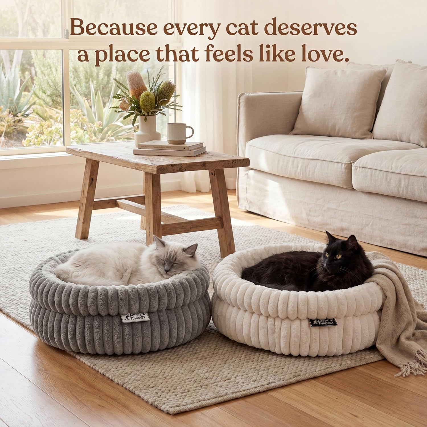 Aussie Furbaby Ultra-Plush round Cat Bed for Indoor Cats 50 Cm &ndash; Soft Faux-Fur Donut Cushion with Raised Rim & Anti-Slip Base &ndash; Indoor Pet Bed for Cats, Kittens, Puppies, Small Dog Bed (White, 50Cm) - Grey image number 4