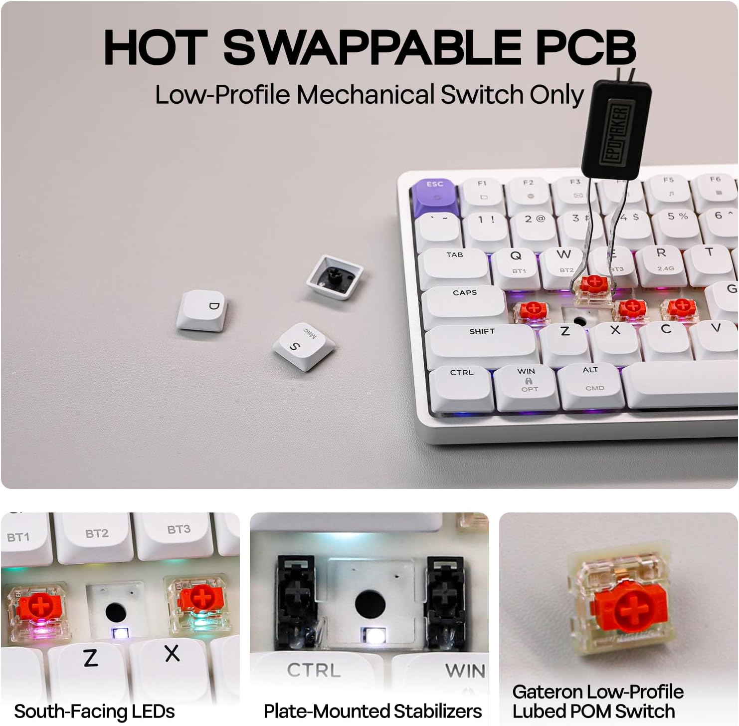 EPOMAKER Luma84 Low Profile Aluminum Mechanical Keyboard, QMK/VIA Programmable, Tri-Mode Wireless, Win/Mac/Linux Compatible, Hot-Swappable (White&Purple, Gateron Low-Profile Red Switch) image number 2