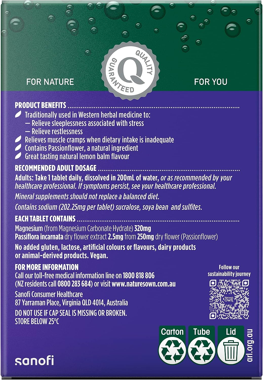 Nature'S Own Magnesium plus Sleep Tablets 60 - with Passionflower - Traditionally Used to Relieve Sleeplessness Due to Stress and Restlessness - Effervescent, Lemon Balm Flavour image number 3