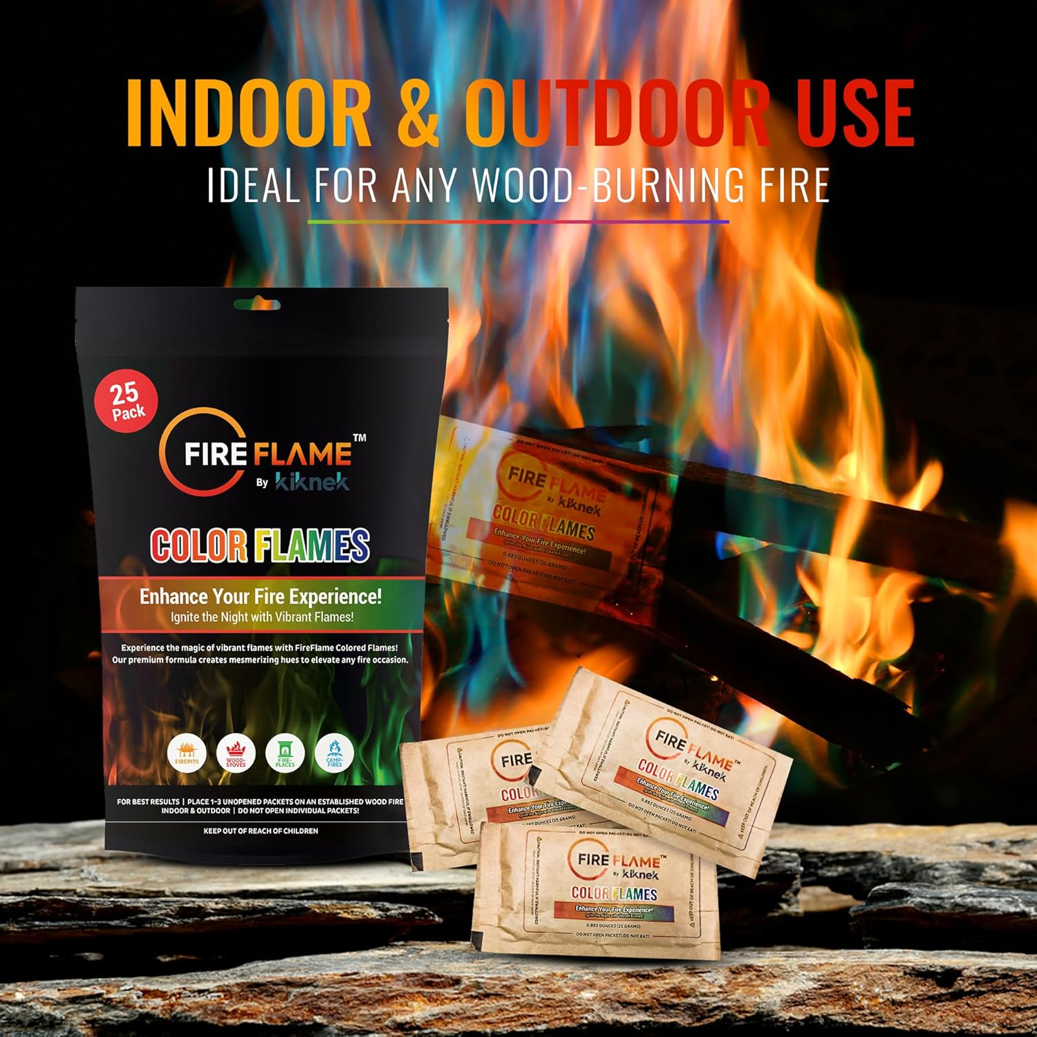 Fireflame Fire Color Changing Packets - Magic Color Fire Flames - 25 Pack of Fire Color Packets - for Outdoor Fire Pit, Fireplace, Bonfire, Campfire, Camping Accessories Colored Fire for Kids & Adults image number 5
