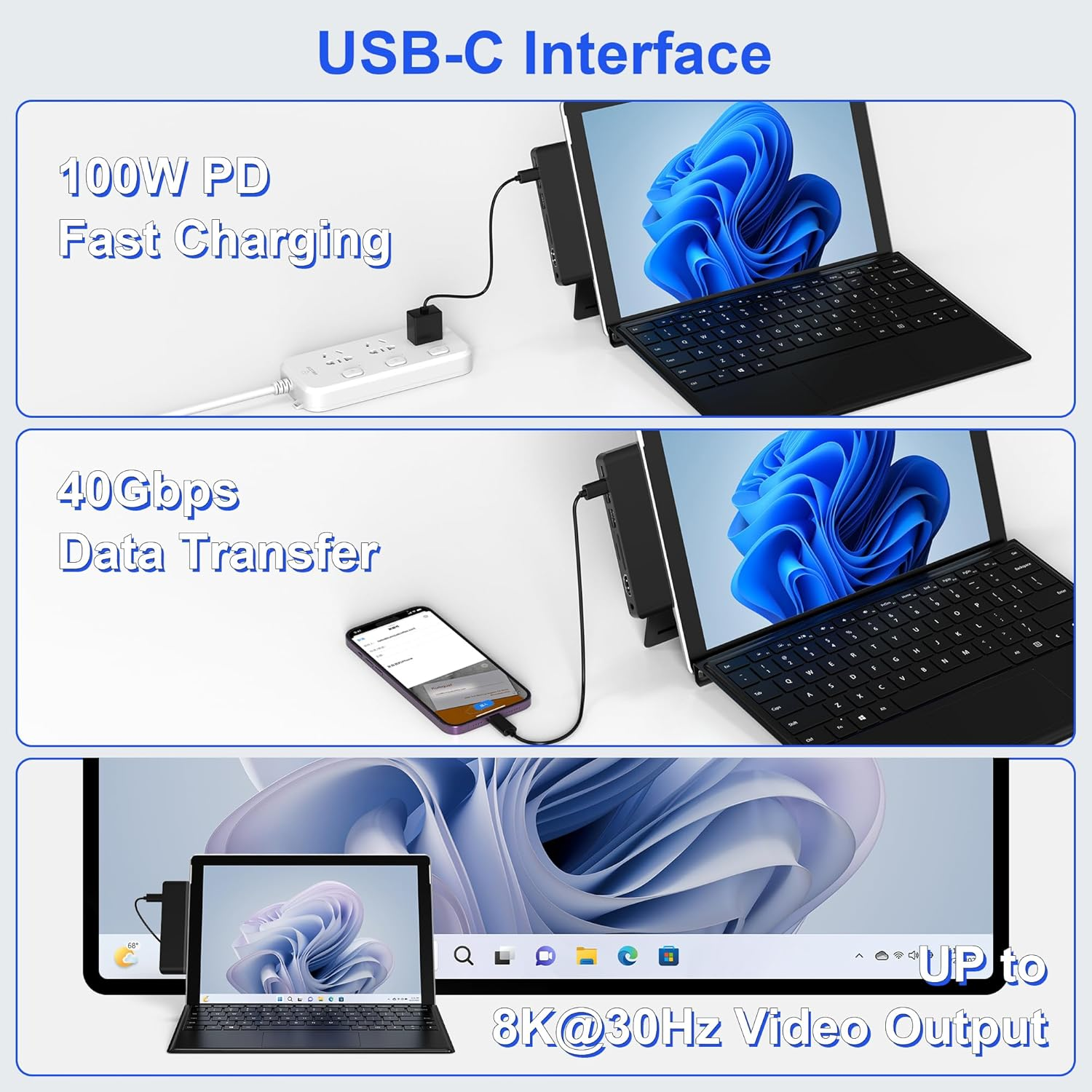 Surface Pro 11/10/9 Accessories Docking Station & Adapter - 7-In-1 USB-C Hub for Dual Monitor, with 4K HDMI, USB C Thunderbolt 4 (8K@30Hz/40Gbps/100W PD), 2 USB 3.0, SD/TF Card Reader & 3.5Mm Audio image number 1