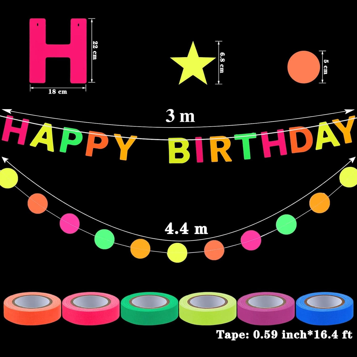 Glow Party Neon Party Supplies Includes 6 UV Blacklight Reactive Tape Luminous Tapes Neon Paper Garland Happy Birthday Banner 10 Hanging Swirls, 25 Fluorescent Balloons for Birthday Party Decorations image number 3
