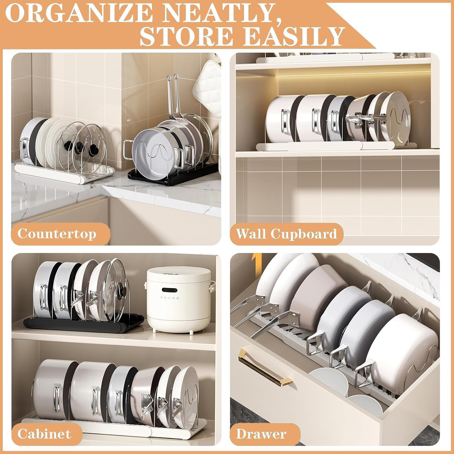 Pots and Pans Organiser, Expandable Pans Organizer Rack, 7 Adjustable Compartments, Cookware Holder for Pantry or Cabinet, White image number 2