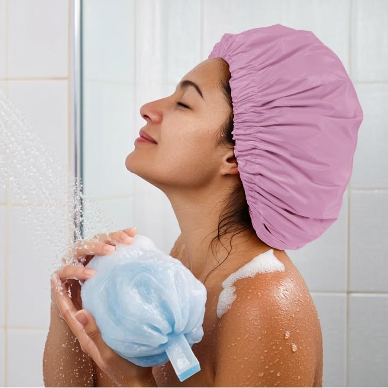 Reusable Shower Cap for Women, Large Waterproof Shower Essentials Bonnet Washable Elastic Band Bath Hair Wrap Hat for Long Hair, Braids(Purple) image number 4