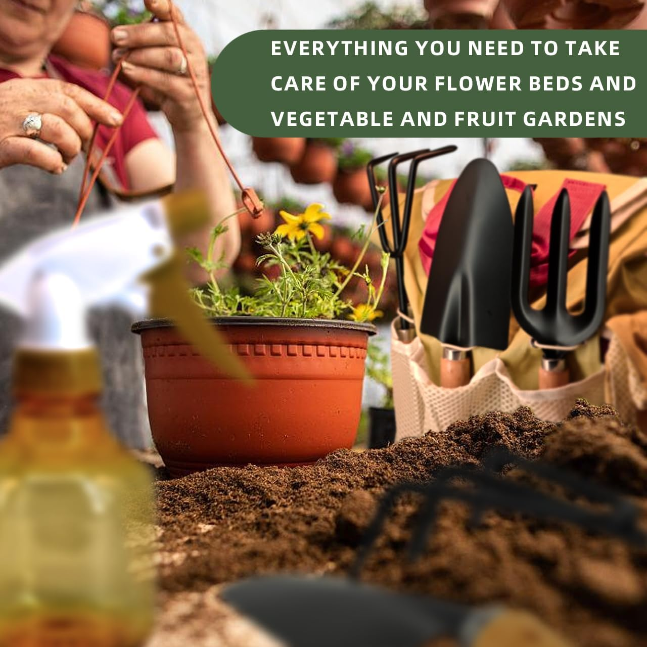 Garden Tool Kit Comes with Bag & Gloves,Garden Tool Set with Spray-Bottle Indoors & Outdoors - Durable Garden Tools Set Ideal Tool Kit Gifts for Women & Men, Set of 10 image number 5