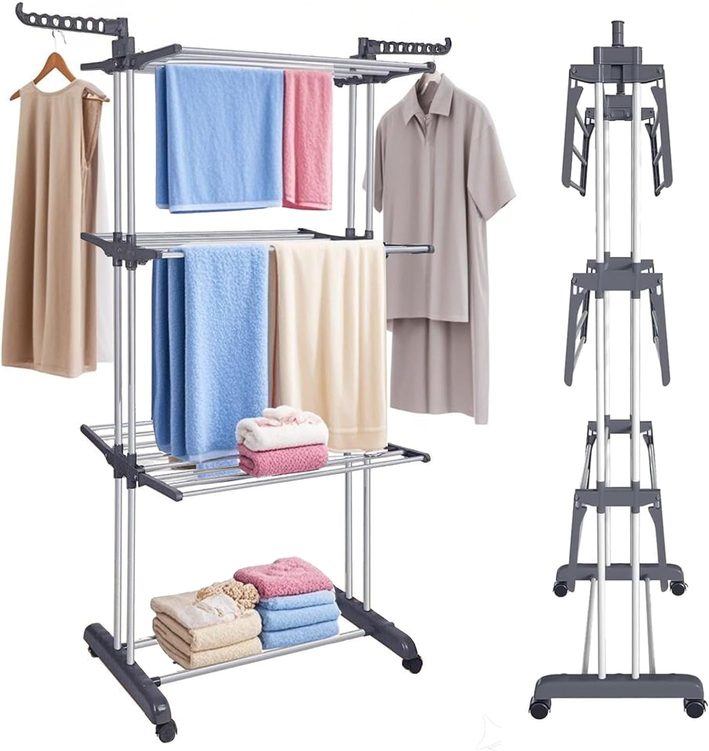 Drying Rack, 4-Tier Foldable Drying Rack with 4 Wheels for Drying Sheets, Towels and Clothes (67" High) Gray image number 4