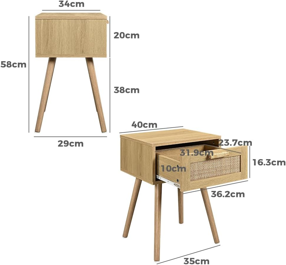 Furb Bedside Table with Storage Drawer Rattan Side End Table Small Narrow Nightstand for Living Room Bedroom Furniture, 40X34X58Cm image number 5