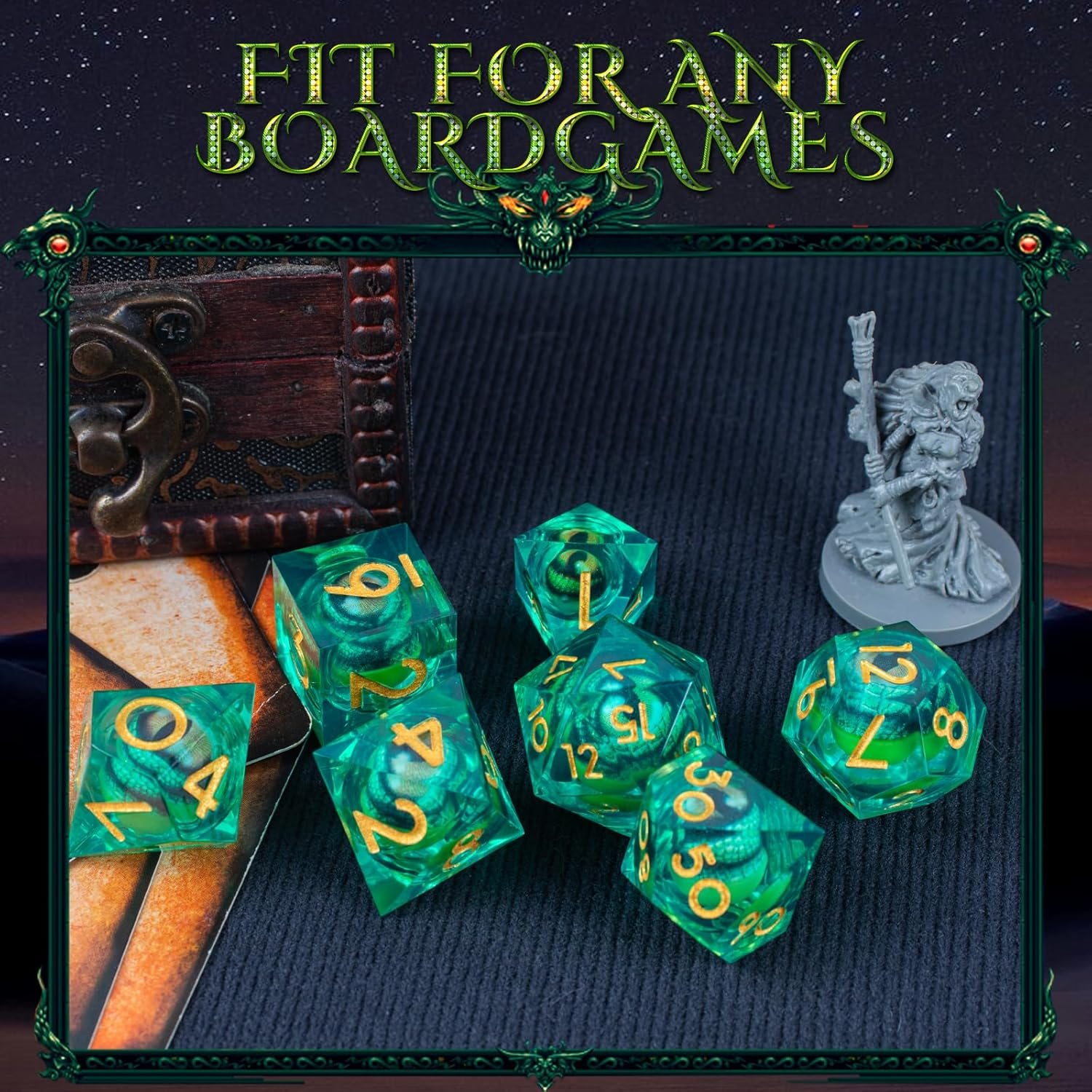 Byhoo DND Rotating Eye of the Dragon Dice Set,7 PCS Transparent Green Polyhedral Dice with Eye of the Dragon,D&D Dice Set for Tabletop RPG Board Games, D&D Enthusiast Dice Gift image number 1