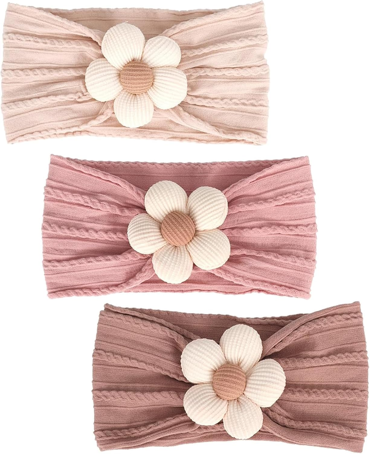 3Pcs Baby Girls Flower Headbands, Soft Elastic Baby Nylon Hairbands Baby Flower Headbands, Stretchy Handmade Hairbands Headwrap Hair Accessories for Newborn Infant Kids（Beige Pink Khaki） image number 2