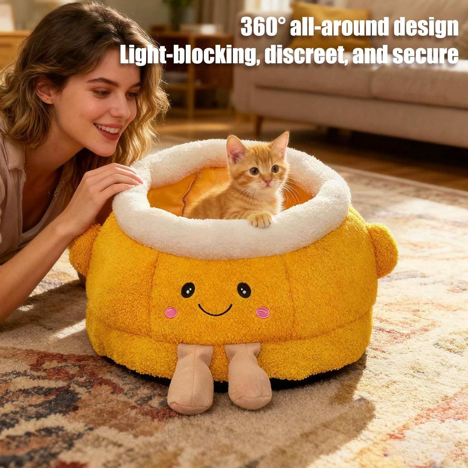 Cat Nest Bed | Soft Cute Warm Orange Shaped Dog Supplies | Cat Cave Bed - for Indoor Winter Travel Car Camping Desk Bedside Window Chair Couch Room Shelter image number 1