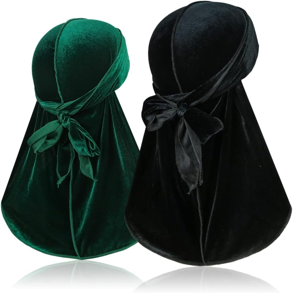2 Pieces Velvet Durags for 360 Waves, Silky Doo Rag Durag Head Wraps with Extra Long Tail and Wide Straps for Men Women