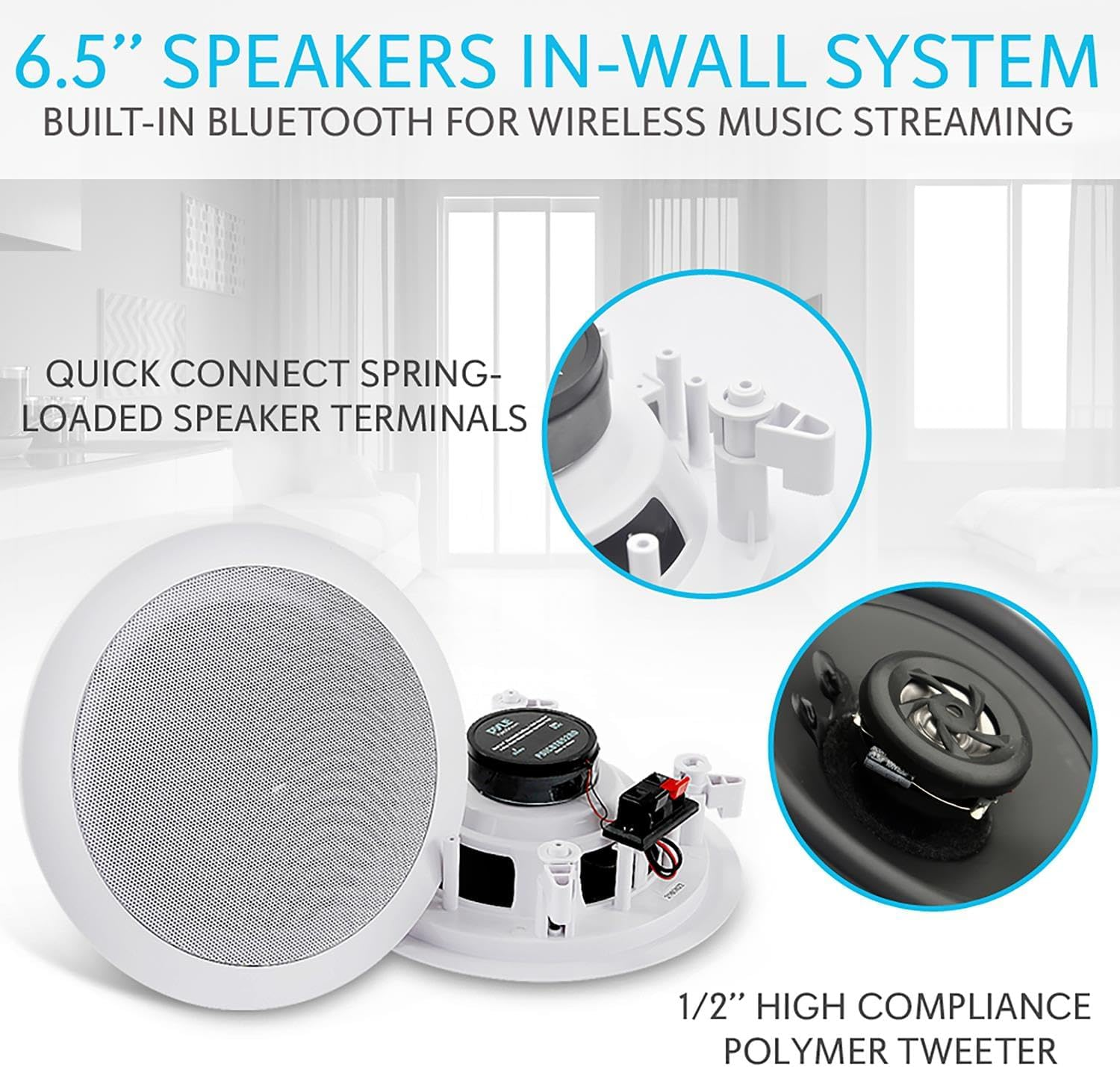 Pyle Pair 6.5&rdquo; Bluetooth Flush Mount In-Wall In-Ceiling 2-Way Universal Home Speaker System Spring Loaded Quick Connections Polypropylene Cone Polymer Tweeter Stereo Sound 200 Watts (PDICBT652RD) image number 4