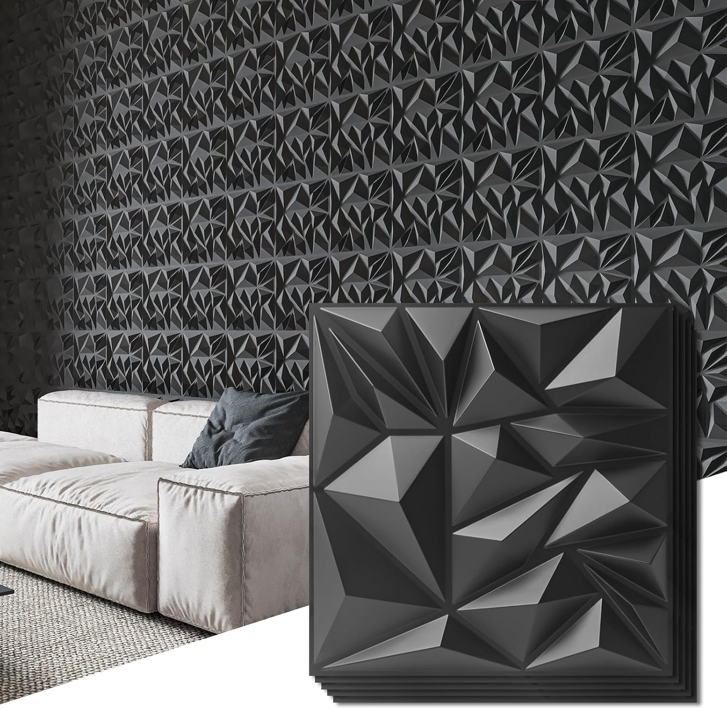 Art3D 33-Pack 3D Wall Panels for Interior Wall Decor, Modern Diamond Textured Accent Wall Paneling for Gaming Living Room TV Wall Background - 30 X 30 CM, Black