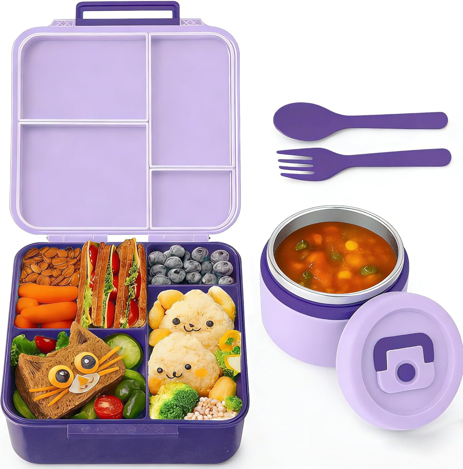 Rwaby Kids Lunch Box - Insulated Bento Box with Stainless Steel Thermos & Leak-Proof Containers for School, Travel, and Outdoor | 300Ml Food Jar & Square Container for Toddlers and Children (Purple) image number 1