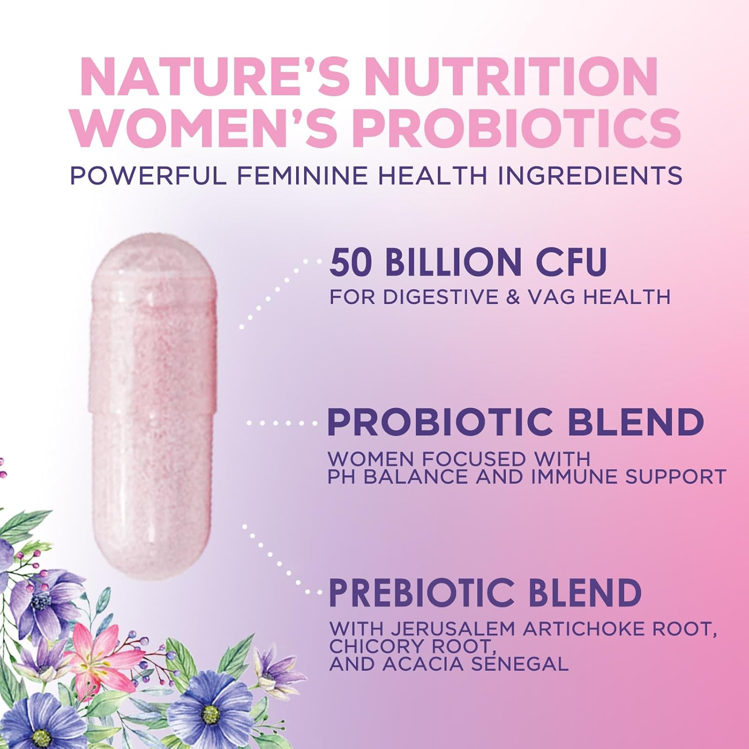 Nature'S Nutrition Women&rsquo;S Probiotics 50 Billion CFU Guaranteed, Vegan Probiotic Strains, Supports Womens Digestive, Immune, Vaginal, & Urinary Health, Delayed Release, No Soy Gluten 60 Capsules image number 6