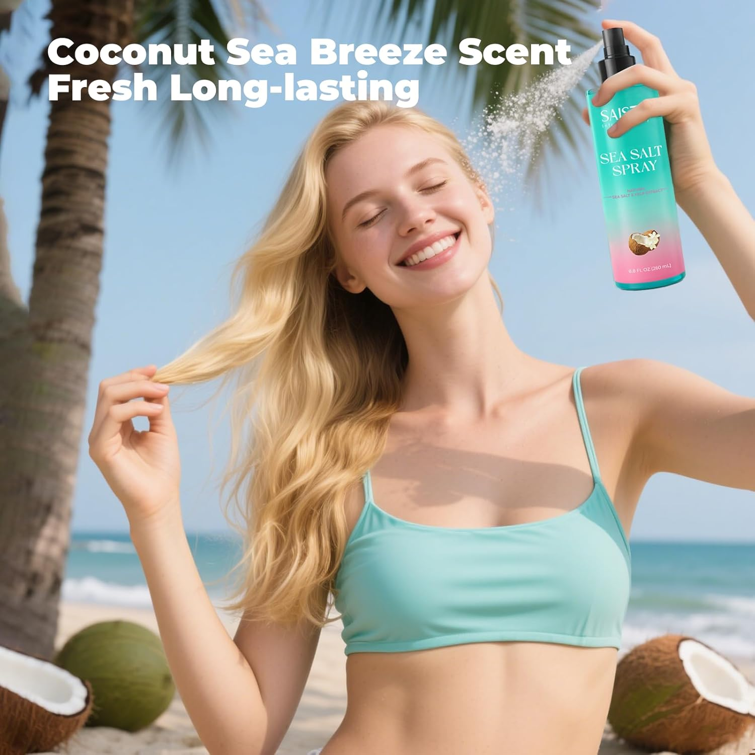 SAISZE Sea Salt Spray for Women and Men, Coconut Aroma, Texturizing and Volumizing Salt Water Texture Spray, Effortlessly Achieve Beachy, Wavy and Curly Hair, 8.8 Oz