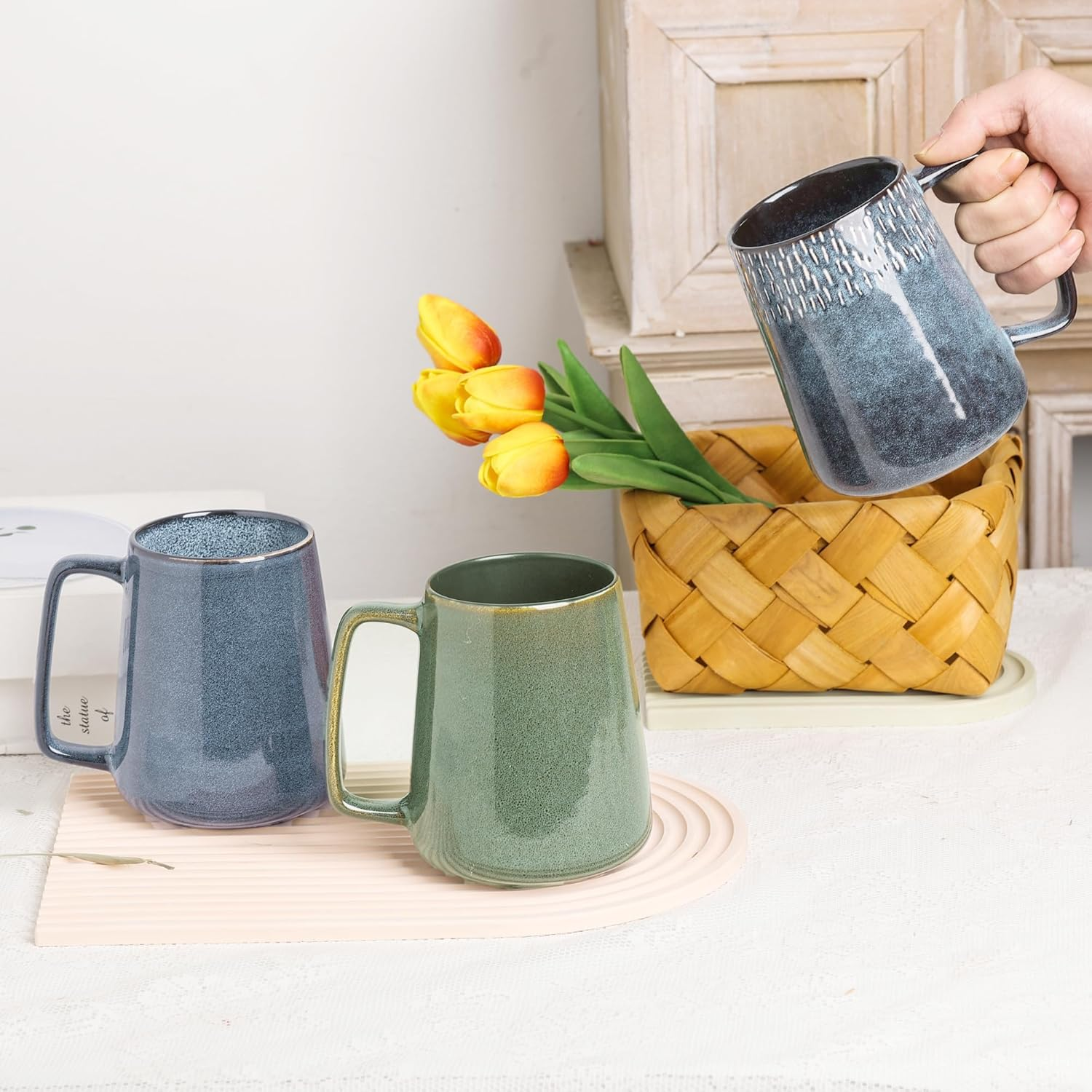 Large Ceramics Coffee Mugs,24 Oz,With Spoon and Wooden Lid,For Coffee,Tea,Cocoa,Large Handle Design,Microwave and Dishwasher Safe (24 Oz Green Set) - 24 Oz Blue Set image number 4