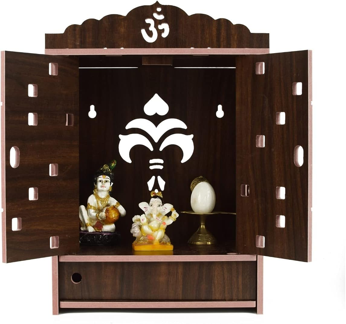 Praha Pooja Mandir for Home Wall Hanging MDF Wooden Temple with Door (Orange)