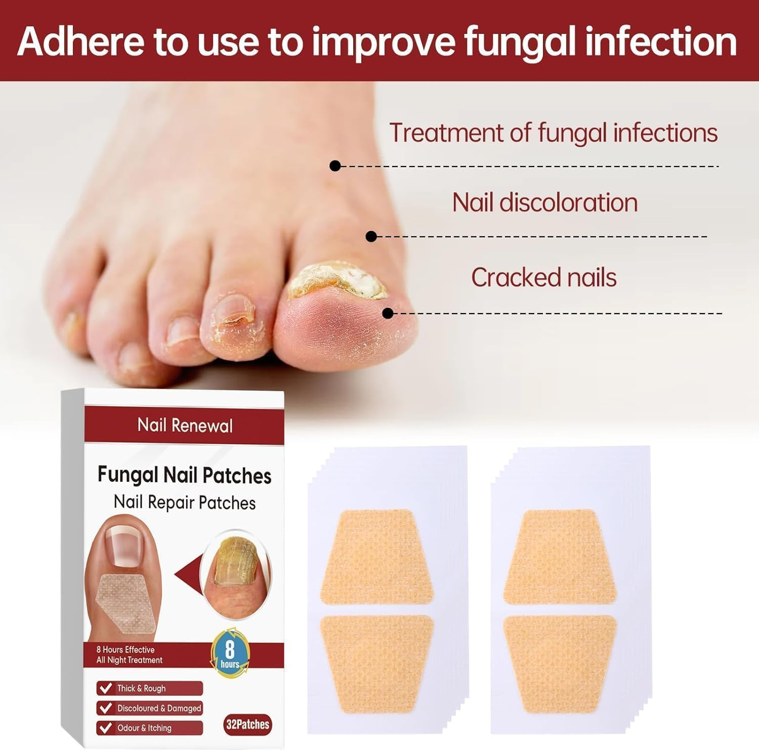 32PCS Fungal Nail Patches,Toe Nail Fungus Treatment, Nail Fungal Patches for Toenail,Nail Fungus Treatment,Yellow Toenail Patch for Fungi Nail,Nail Fungus Plasters, Active Nail Repair & Care image number 4
