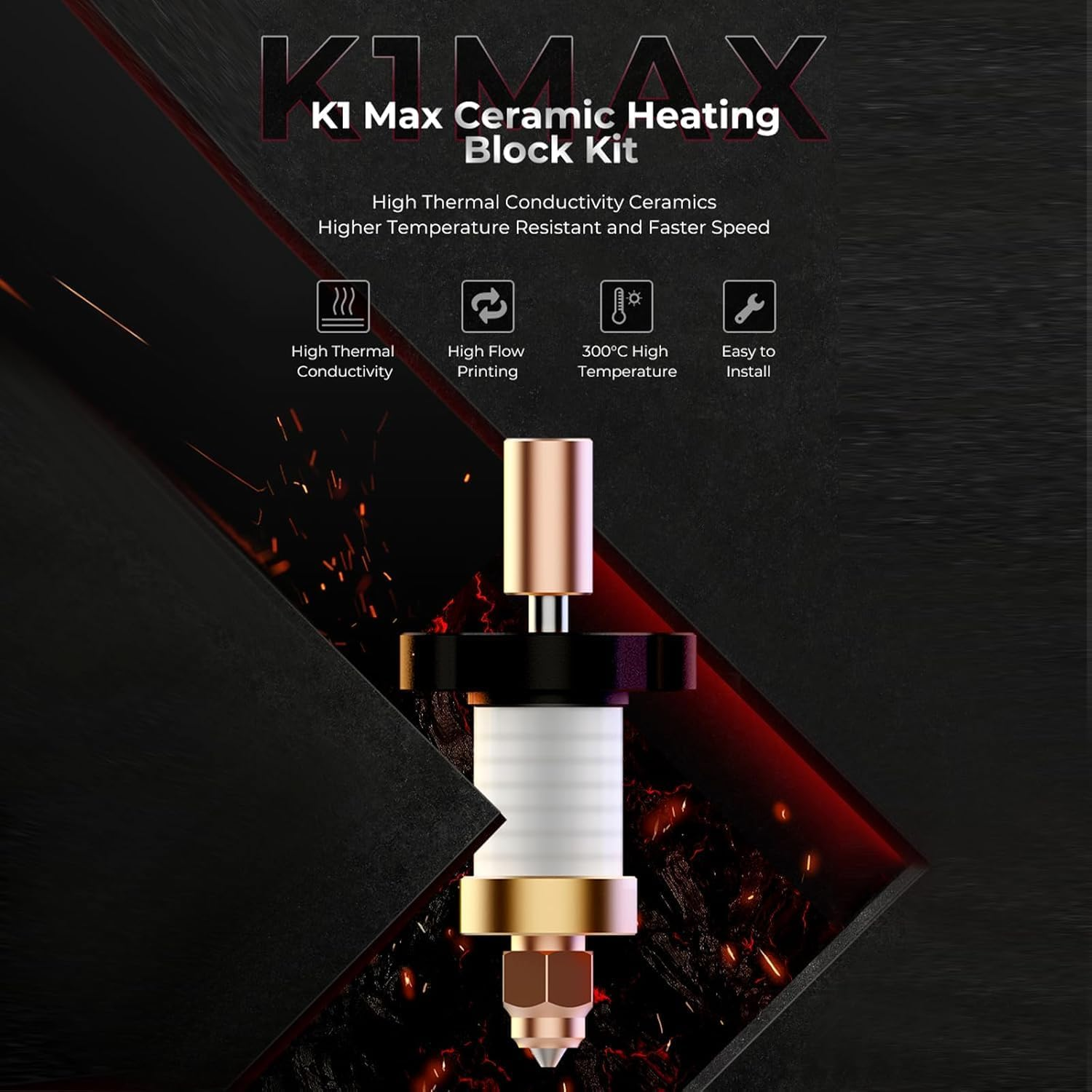 Official K1/K1 Max Ceramic Heating Block Kit, Supports 300&deg;C High Temperature and High-Speed Printing,Compatible with K1 Max/ K1 3D Printer