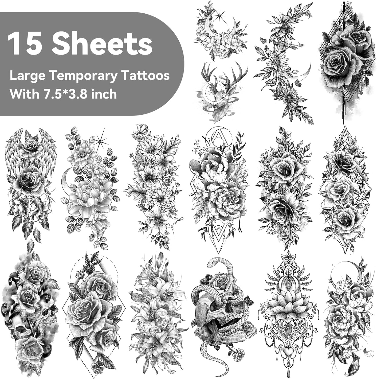 EMOME 400+ Styles Realistic Temporary Tattoos for Women, Long Lasting Semi Permanent Tattoo, Large Flowers Rose Tattoos Stickers and Fake Tattoos for Adults Girls Arm Neck Face(79 Sheets) image number 4