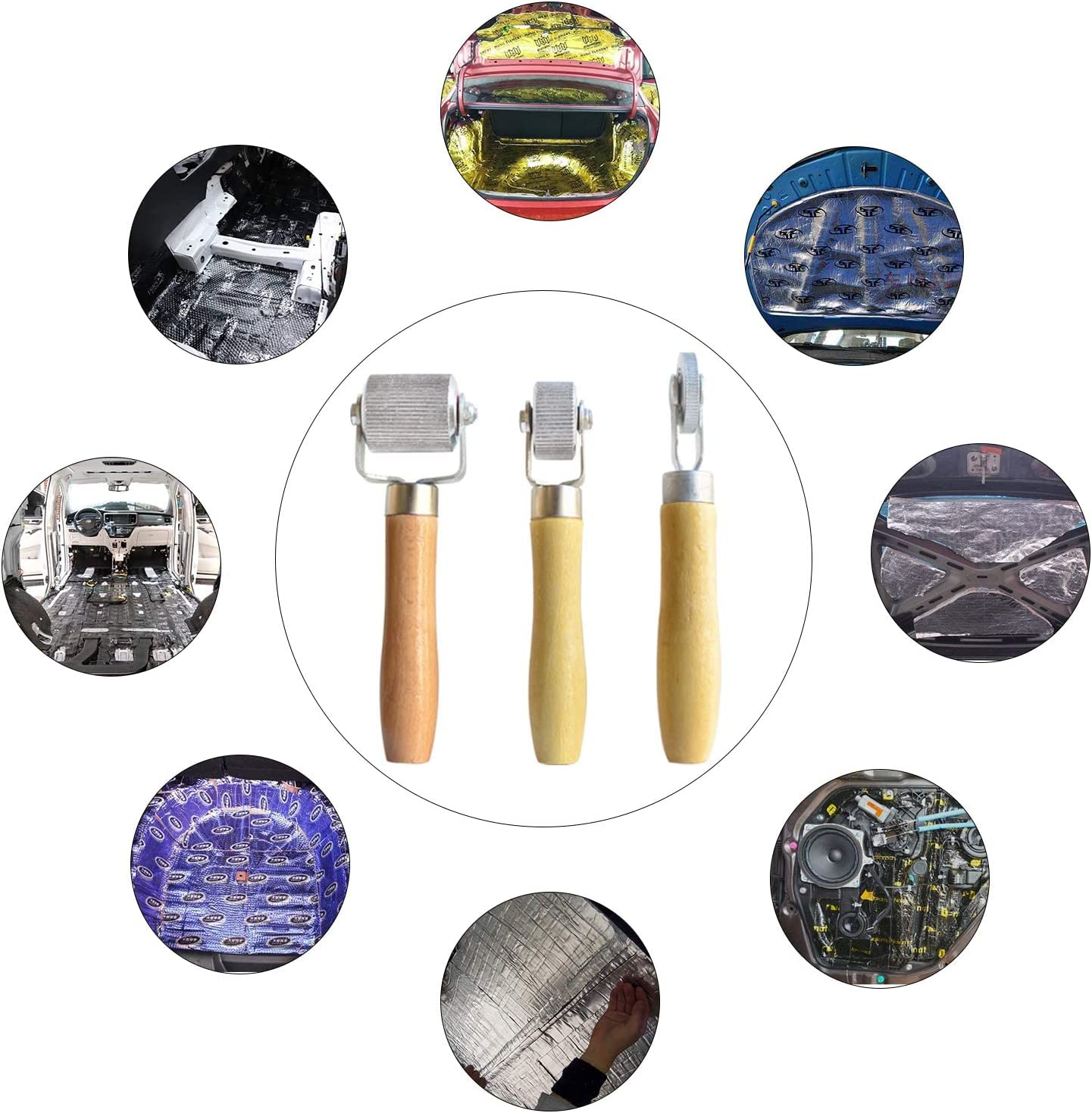 3 Pcs Car Sound Deadening Roller, Sound Noise Proof Insulation Tool, Automotive Sound Deadener Application Installation Metal Roller with Wooden Handle Interior Accessories image number 5