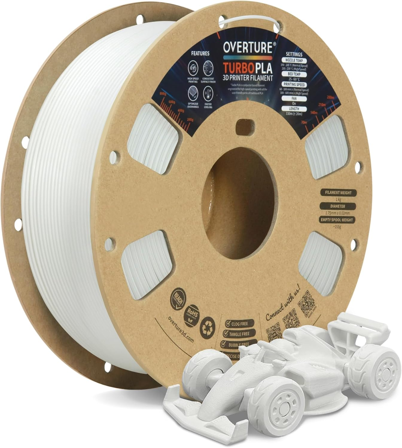OVERTURE High Speed PLA Filament 1.75Mm, Turbo PLA for Fast Printing, Enhanced Flow Rate, Low Warping, 1Kg (2.2Lbs) Cardboard Spool, High Precision +/- 0.02Mm (Plaster White) image number 6