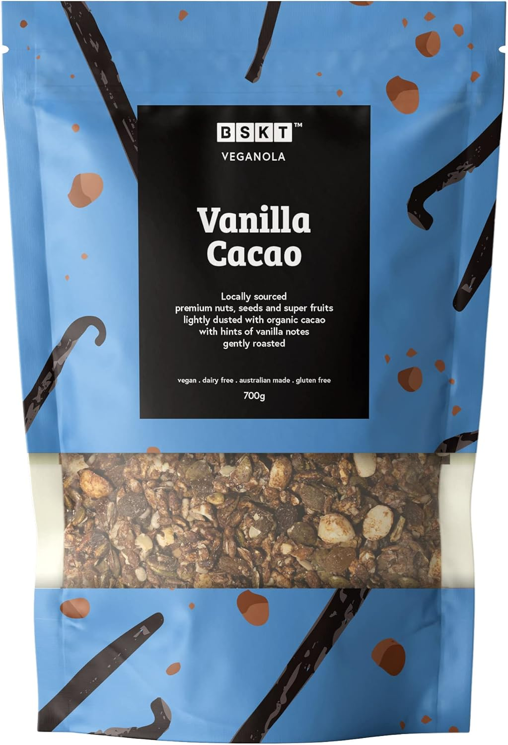 BSKT WHOLEFOODS - Vanilla Cacao Veganola - Granola Breakfast - Gluten Free Non GMO Plant Based - Added Hints of Vanilla Notes - Plant Based - No Use of Refined Sugar - Dusted Organic Cacao - for Snack and Dessert - Healthy Vegan Breakfast - 700G Bag image number 2