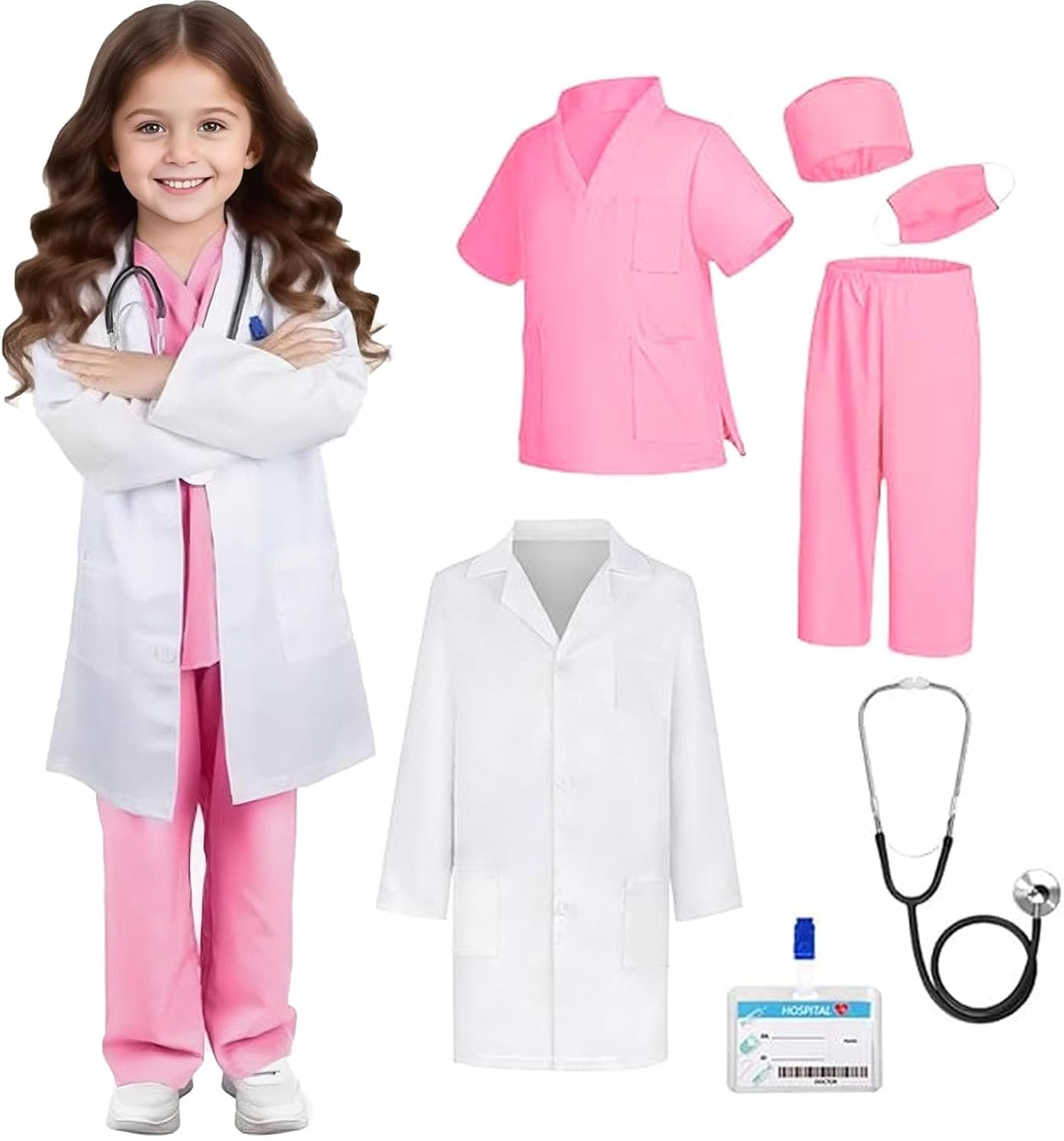 Doctor Costume for Kids Lab Coat Doctor Nurse Fancy Dress Costume Set Scrubs with Accessories Halloween Costume for Girls image number 4