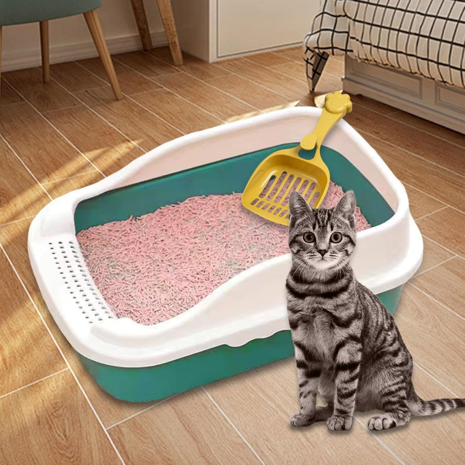 Fenteer Cat Litter Box Potty Toilet Toilette Sand Box Container Pet Litter Tray Pan with Litter Sifting Spoon for Small Animals, Green M 31X21X16Cm image number 5
