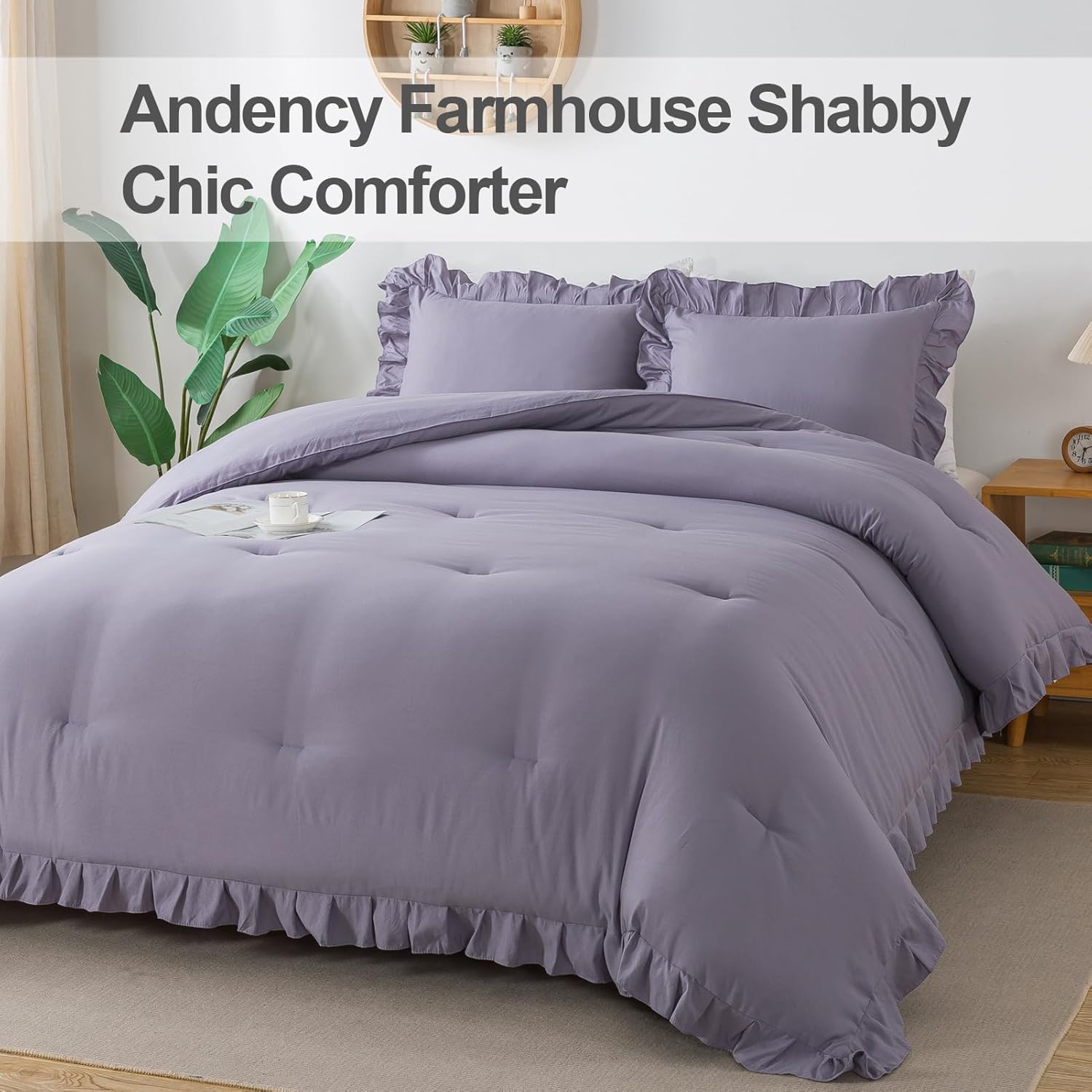Andency Grayish Purple California King Comforter Set, 3 Pieces Cal King Ruffle Purple Comforter, Lightweight Oversized Farmhouse Shabby Chic Soft Microfiber Bedding Comforter Set (104X96Inch) image number 6