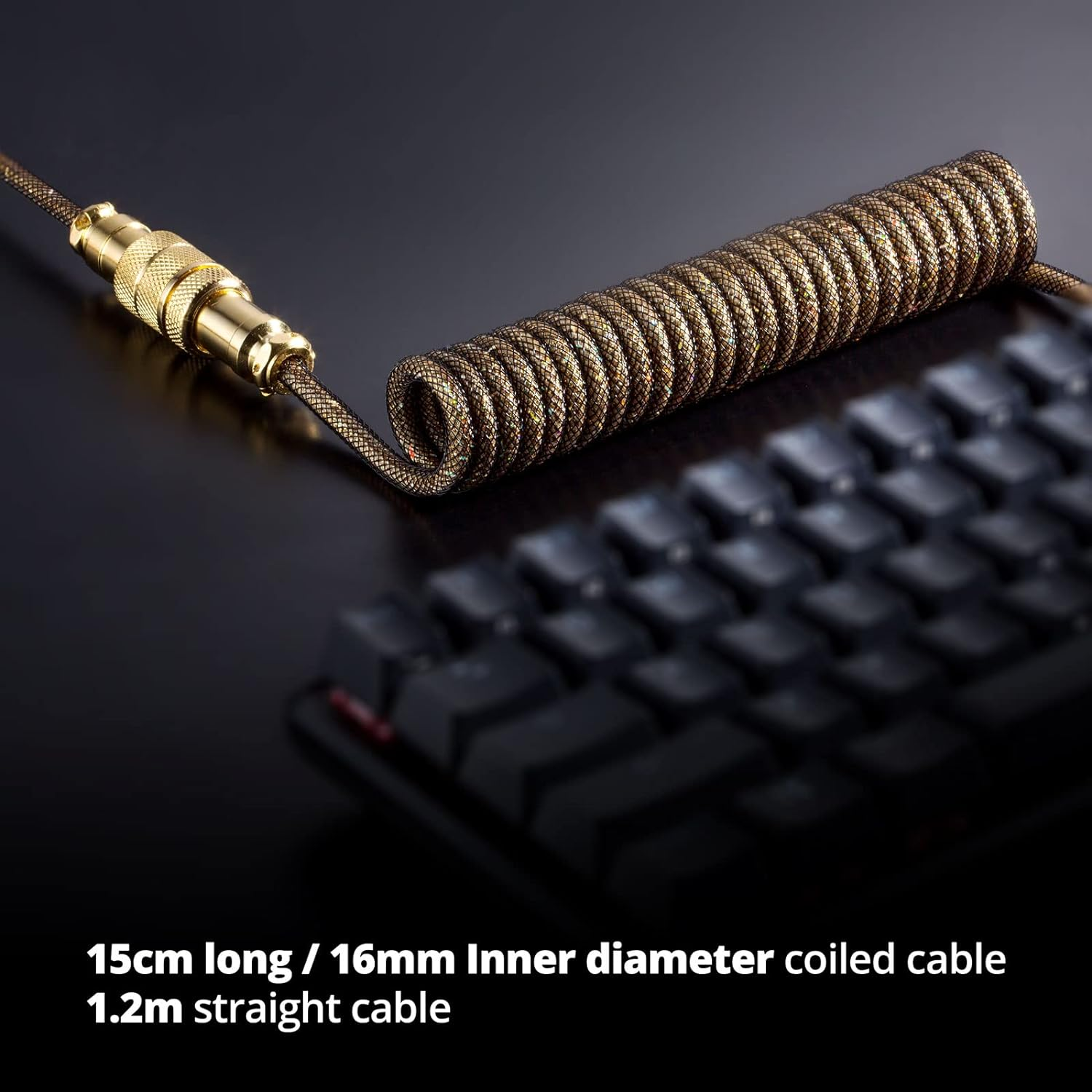 GUNMJO Starlight Coiled USB C Cable for Gaming Keyboard, Double-Sleeved Mechanical Keyboard Cable with Detachable Metal Aviator, 1.5M USB-C to USB-A, Black Color with Gold Aviator Connector - Gold, Black image number 3