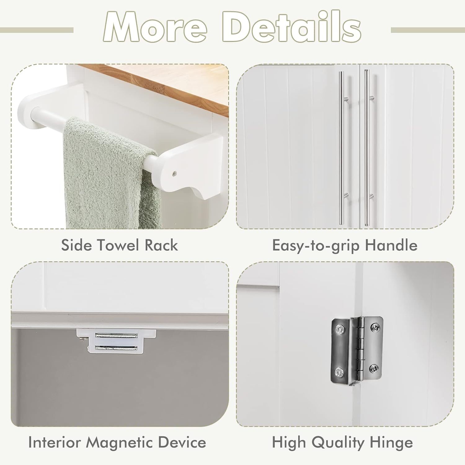 Giantex Kitchen Island Cart with Side Towel Bar, 2 Drawers, 2 Door Cabinet, Rolling Storage Trolley Cart with Rubber Wood Top & Lockable Casters, Perfect for Dining Room, Kitchen, Restaurant (White) - White image number 3