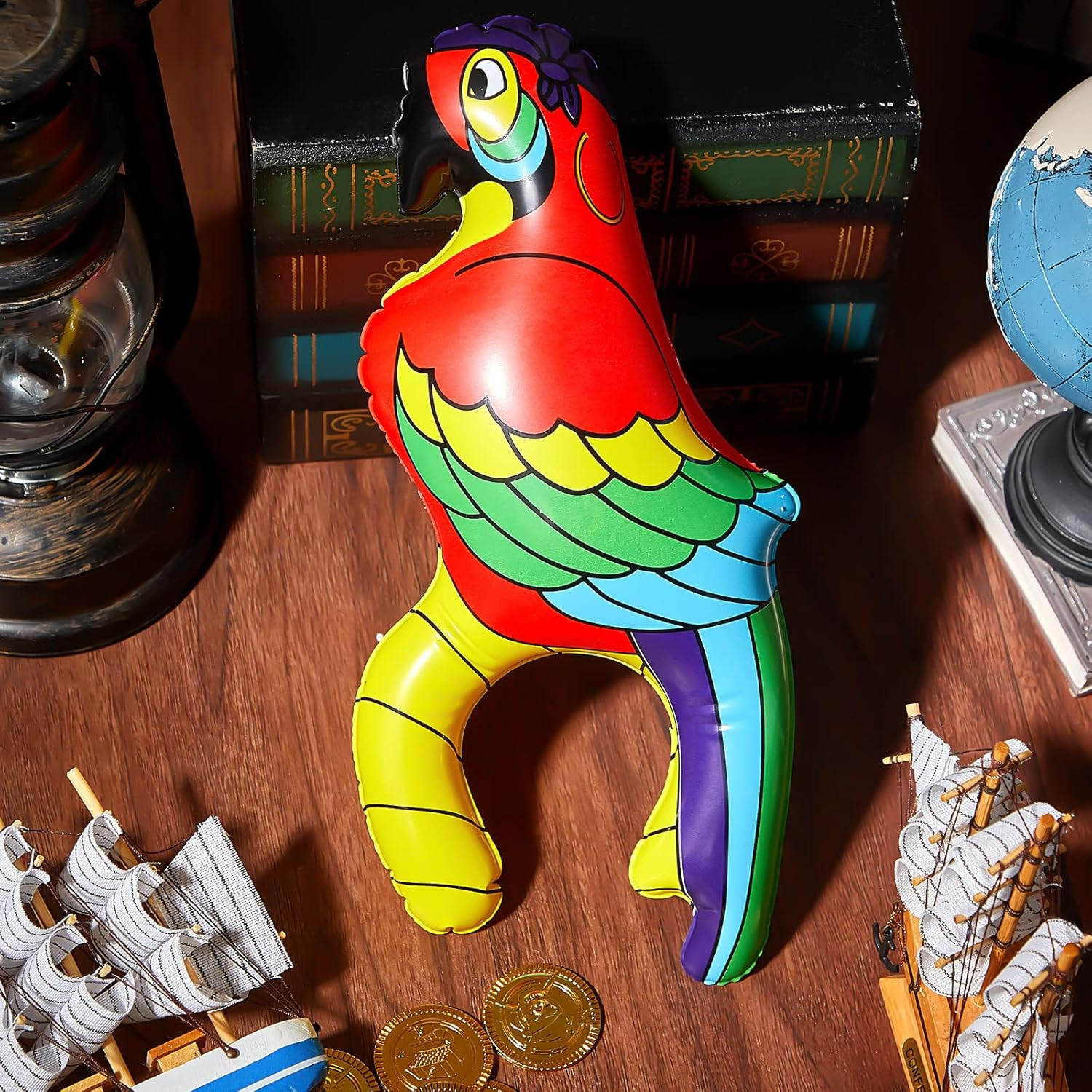 Wettarn 4 Pieces Inflatable Pirate Parrot Shoulder Prop 11 Inches Tall Pet Scarlet Macaw, Pirate Party Decorations for Tropical Party Gift Decoration Pirate Costume Accessory image number 2