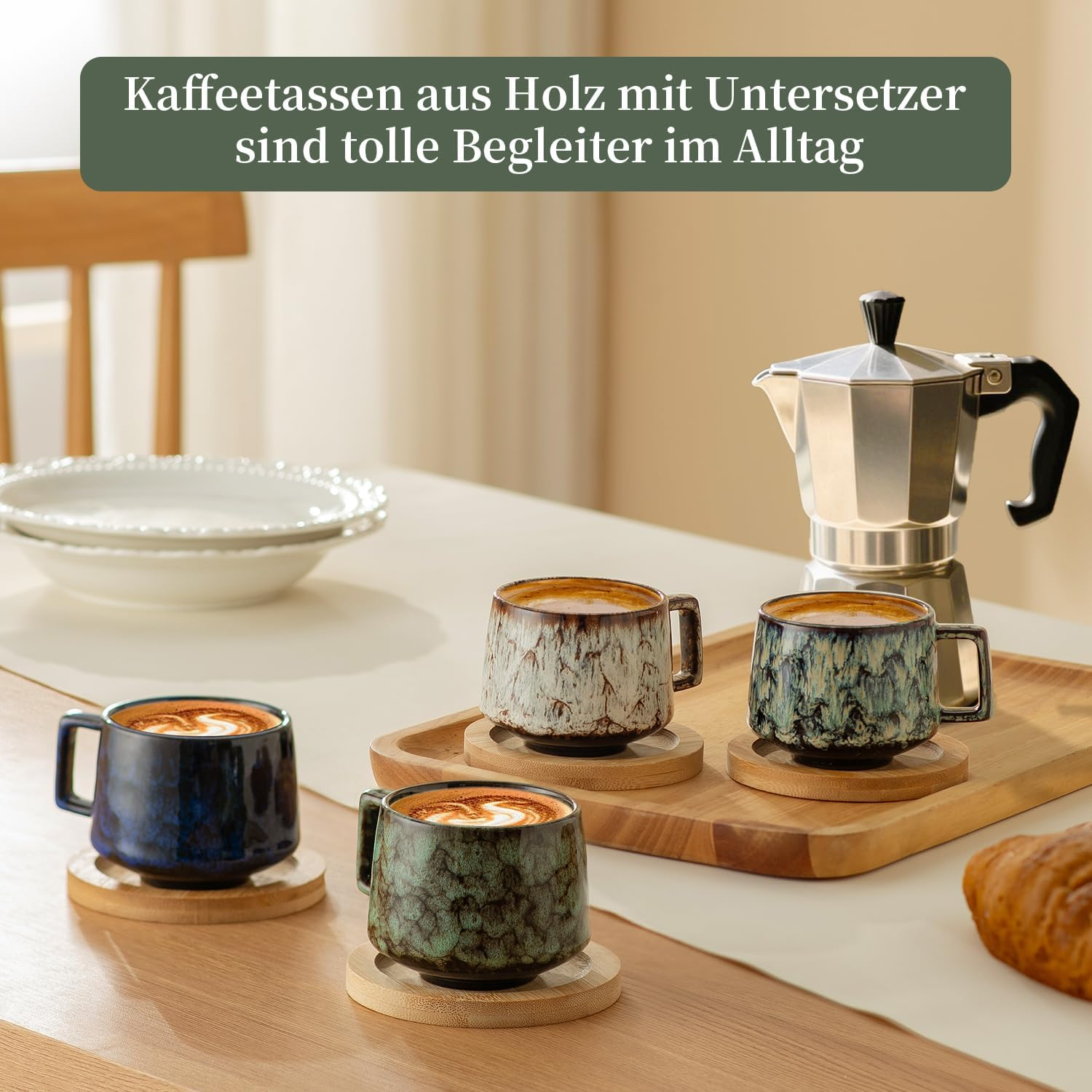 Set of 4 Espresso Cups, 190 Ml Cappuccino Cups with Wooden Saucers, Coffee Cups with Saucers, Stoneware Cups for Coffee, Americano, Latte, Cafe, Mocha and Tea (Beige + Cyan + Dark Blue + Dark Green) - 2, Beige + Cyan image number 7