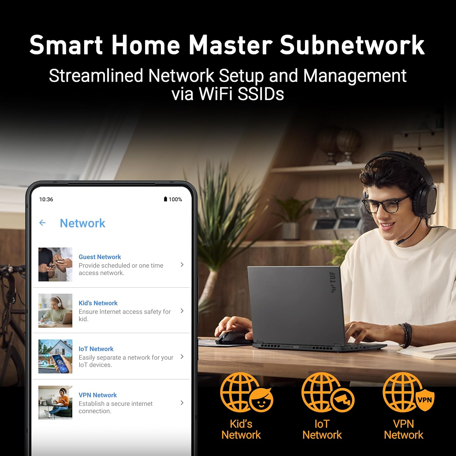 ASUS TUF Gaming BE6500 Dual Band Wifi Router, Wifi 7 802.11Be, up to 2500 Sq Ft, Extendable Gaming Router, Quad 2.5Gbe Port, Smart Home Master image number 2