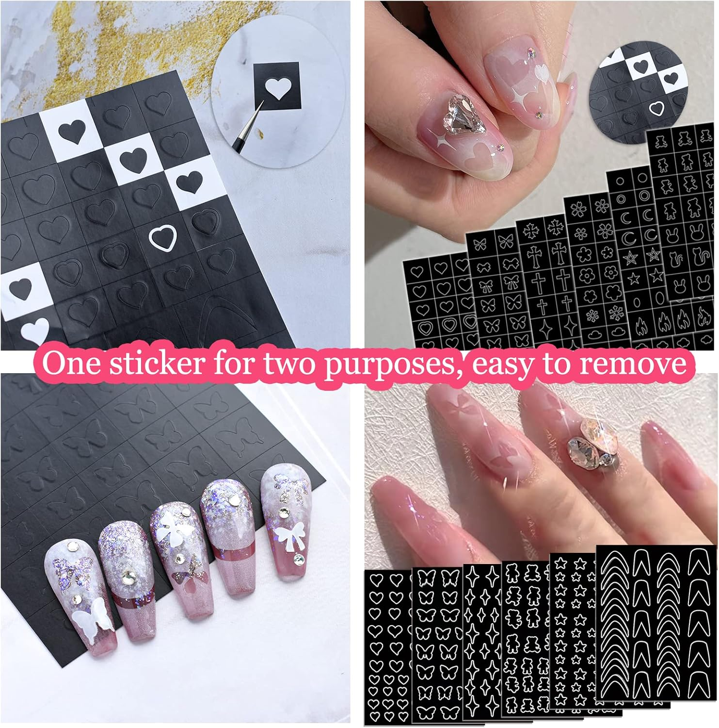 12 Sheets Airbrush Nail Stickers Nail Stencils,Hoinco Butterfly Flower Moon Star Heart Cross French Nail Decals Printing Template Stencil Tool DIY Nail Art Decorations image number 3