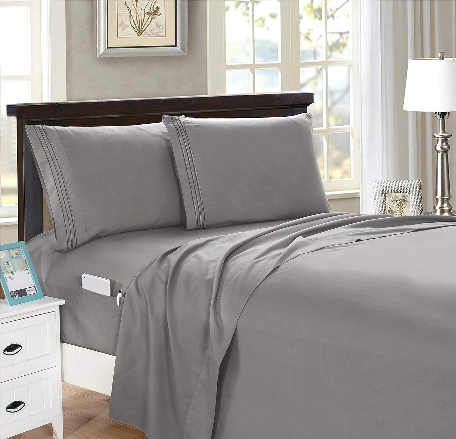 Elegant Comfort 4-Piece Full- Smart Sheet Set! Luxury Soft 1500 Thread Count Egyptian Quality Wrinkle and Fade Resistant with Side Storage Pockets on Fitted Sheet, Full, Eggplant-Purple