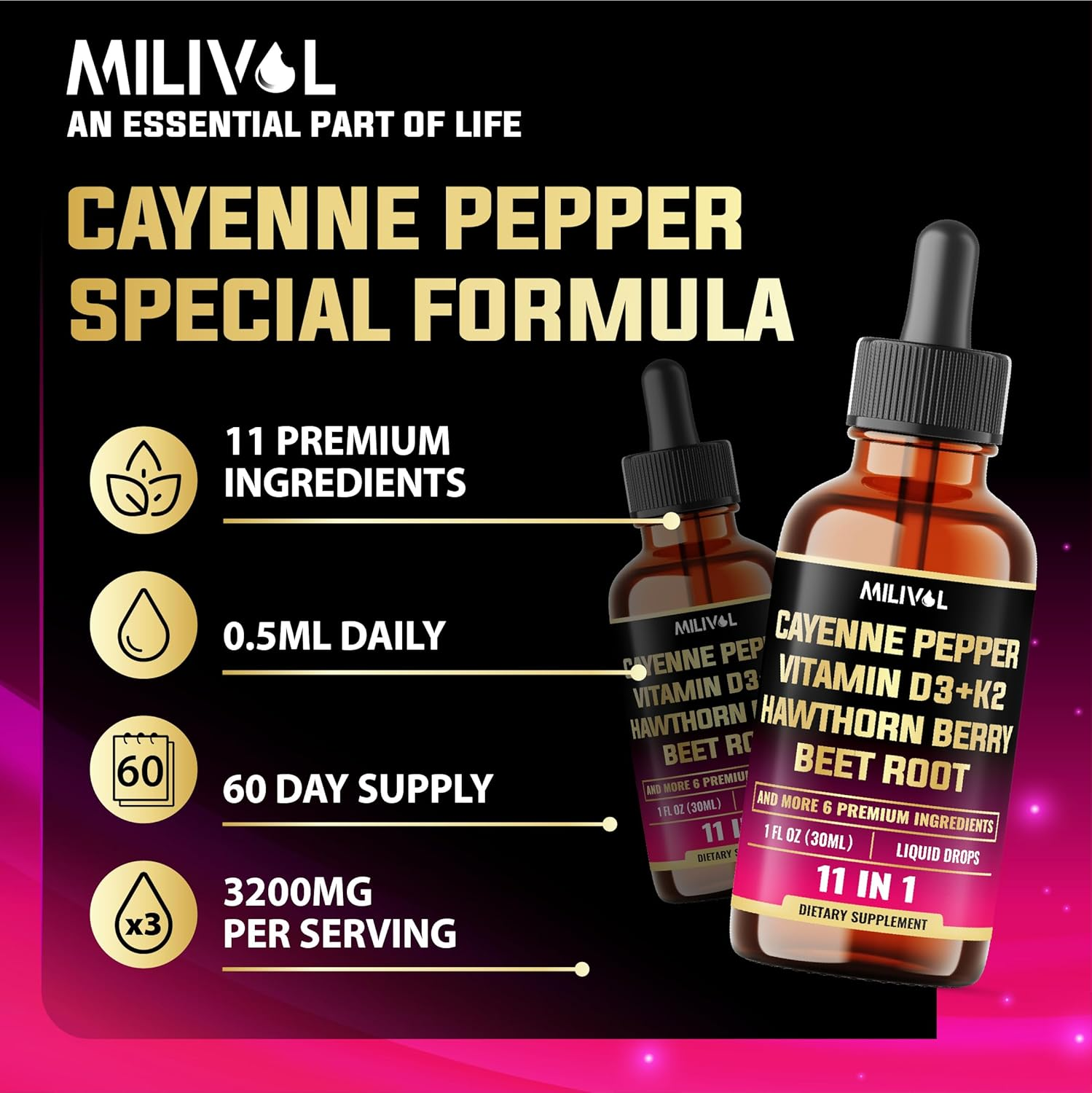 11In1 Cayenne Pepper Liquid Drops with Vitamin D3, K2, Berberine, Bitter Melon, Turmeric & More &ndash; for Health Support &ndash; 1 FL Oz &ndash; 60 Days Supply image number 3