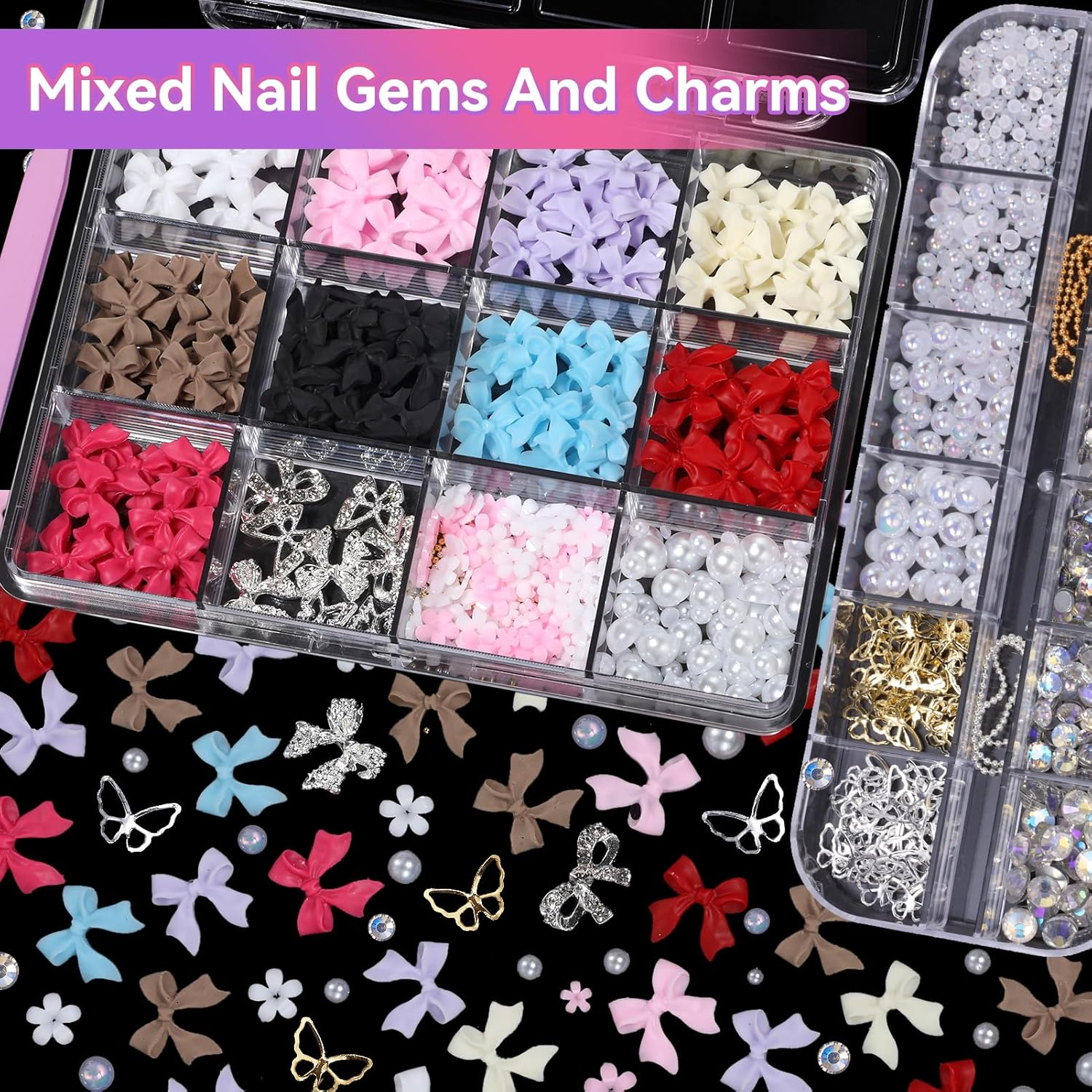 2 Boxes Mixed 3D Nail Charms and Rhinetones, Color Flower Bow Nail Art Charms, Half round Pearl Flatback AB Nail Gems, Butterfly Alloy Nail Charms DIY Nail Art Supplies Accessories image number 2