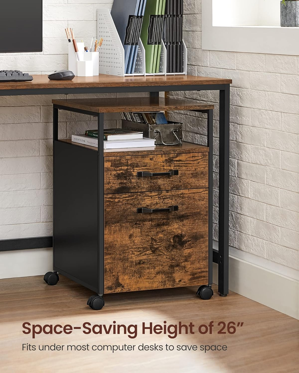 VASAGLE File Cabinet, Mobile Filing Cabinet with Wheels, 2 Drawers, Open Shelf, for A4, Letter Size, Hanging File Folders, Rustic Brown and Black UOFC71X, 17.3&rdquo;D X 16.5&rdquo;W X 26.2&rdquo;H image number 6