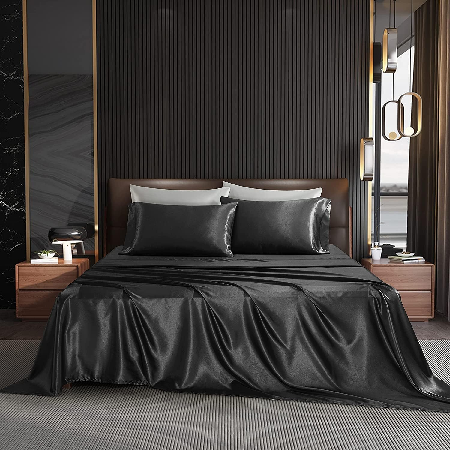 Ultra Soft Sheet Set,100% Soft Luxury Silky Satin, Fitted Sheet & Flat Sheet & 2 Pillowcases (Black, Singe) image number 2