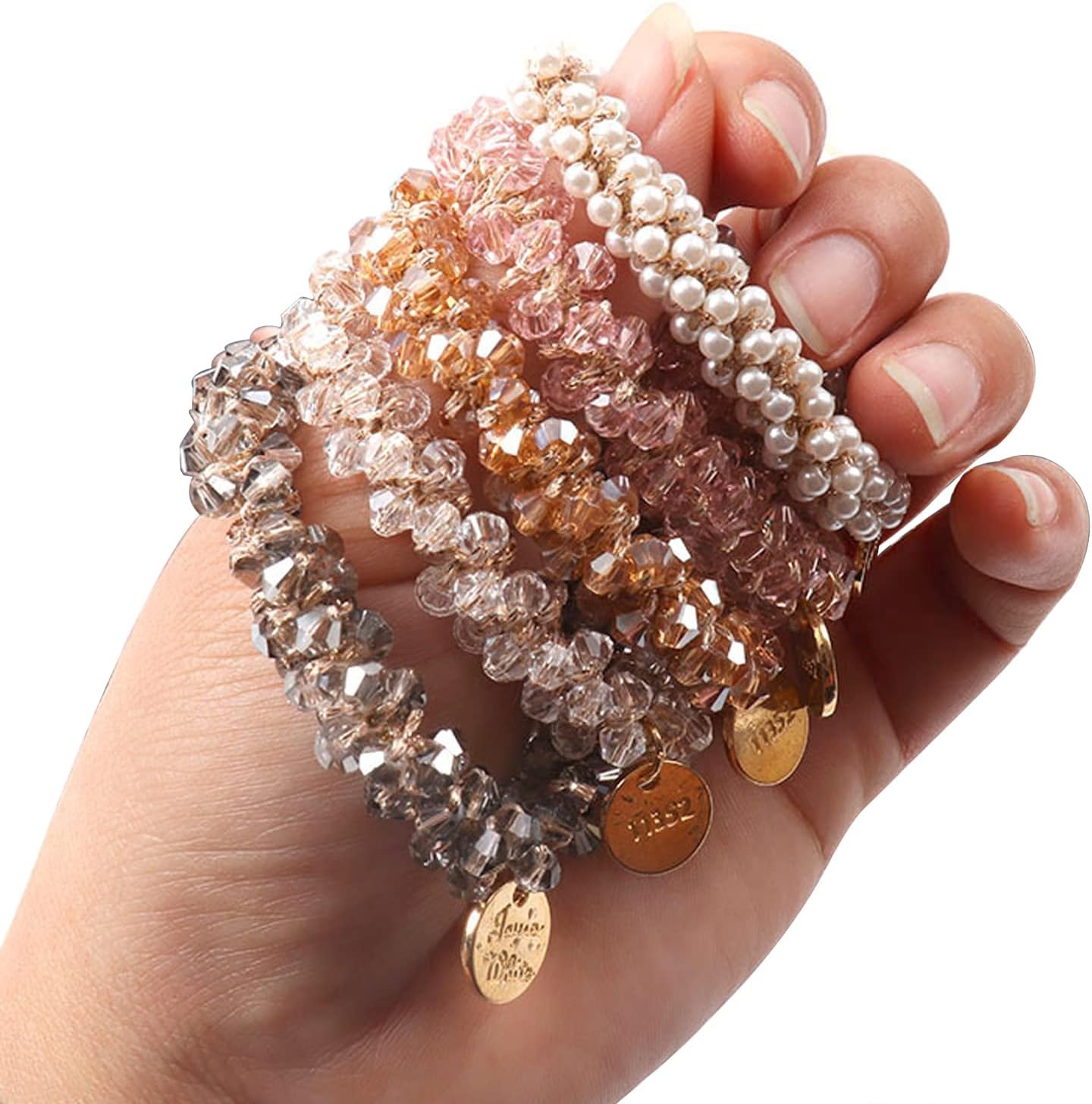 Betterjonny 5 Colors Crystal Hair Ties, Elastic Crystal Pearls Hair Rope Ponytail Hair Holders Head Bands Ropes Hair Accessories image number 4