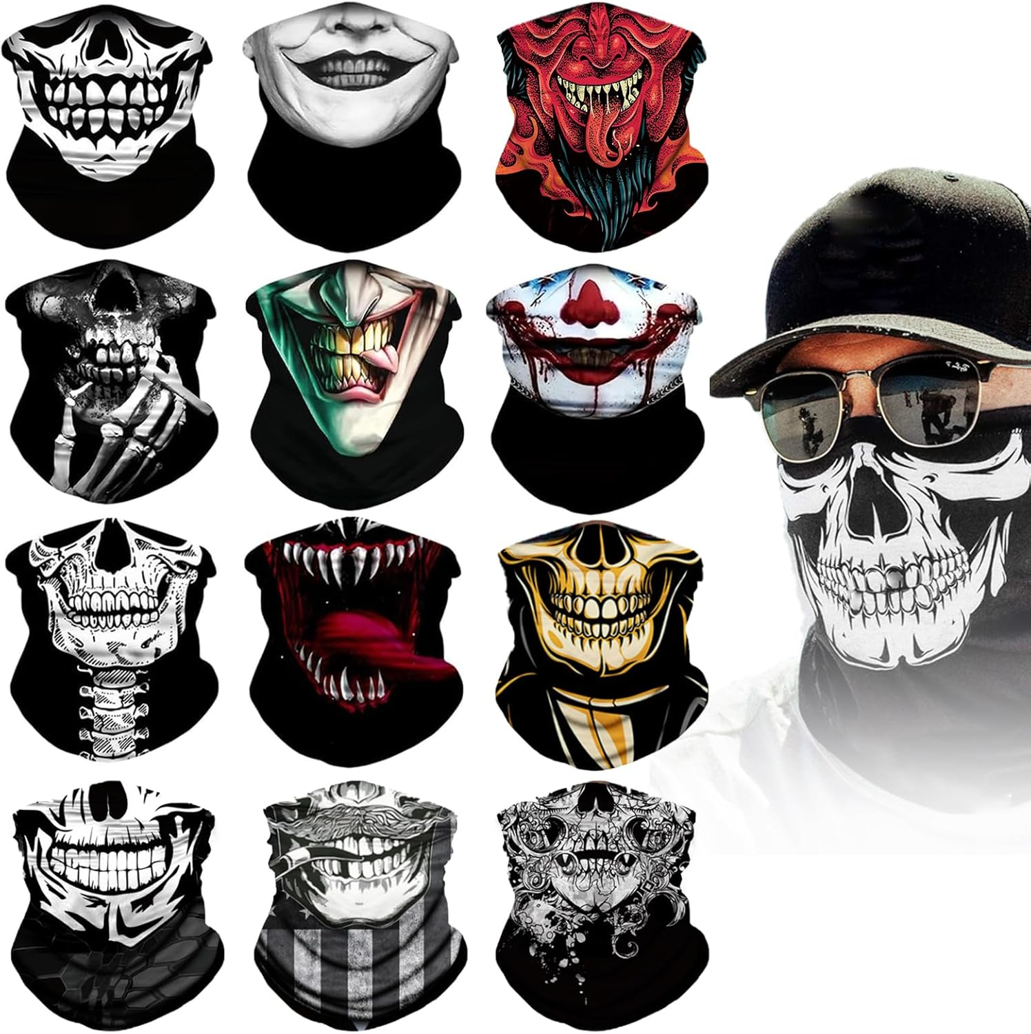 12PCS Multi Purpose Skull Neck Gaiters, Motorcycle Face Mask UV Protection, Unisex Suitable, for Halloween Carnival Parties and Outdoor Activities image number 2