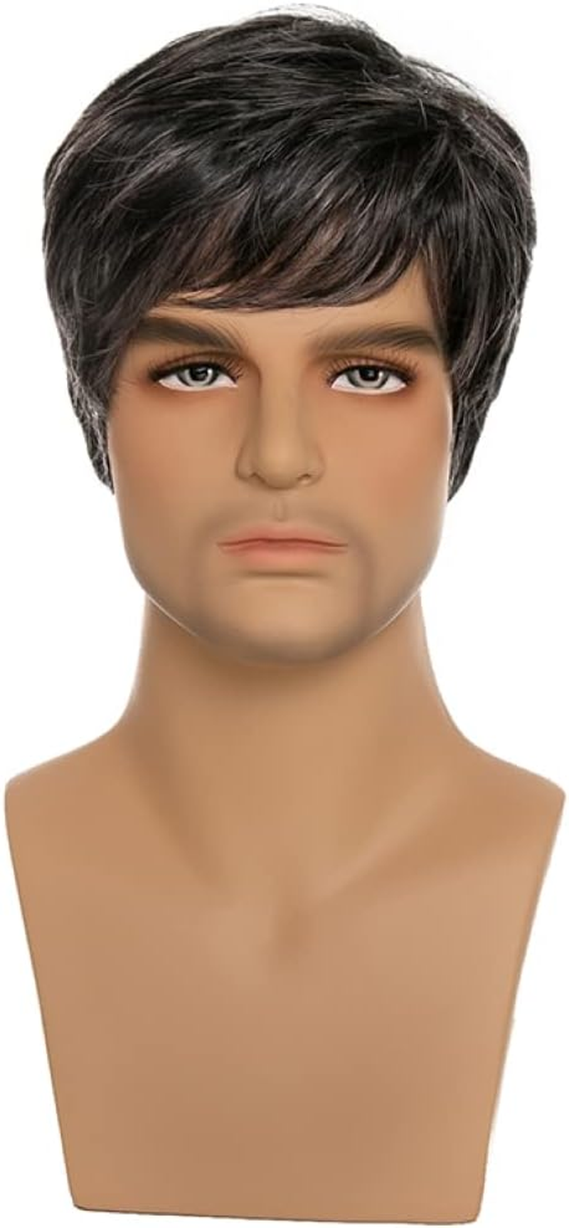 AIYLMZ Short Black Straight Side Part Wigs for Men with Bangs Hair Toupee for Middle Aged Men Natural Stylish Fluffy Layered Wigs Men'S Hairpieces (Black) image number 4